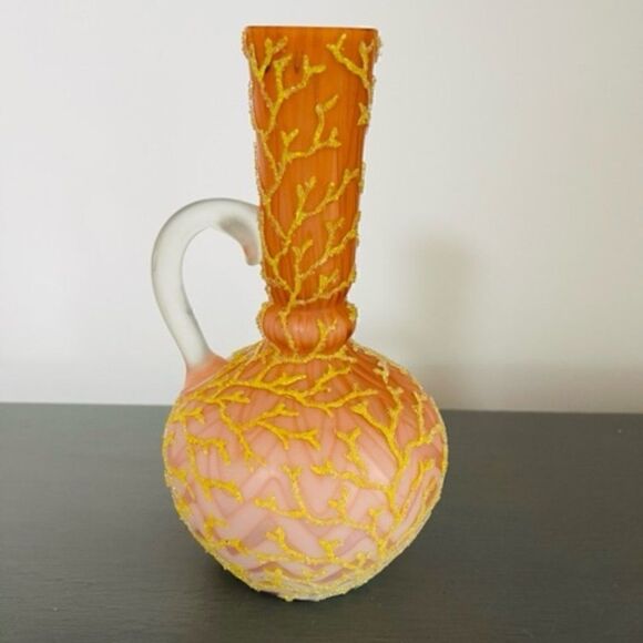 Satin glass Coralene Seaweek pitcher ewer vase victorian ruby shading to pink ov - Picture 1 of 6